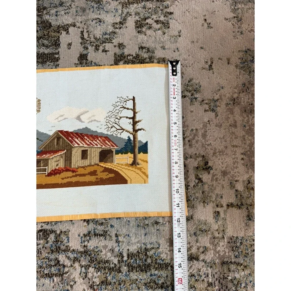 Vintage Large Embroidery Needlepoint 18x12 Crewel Yarn Art Barn And Windmill